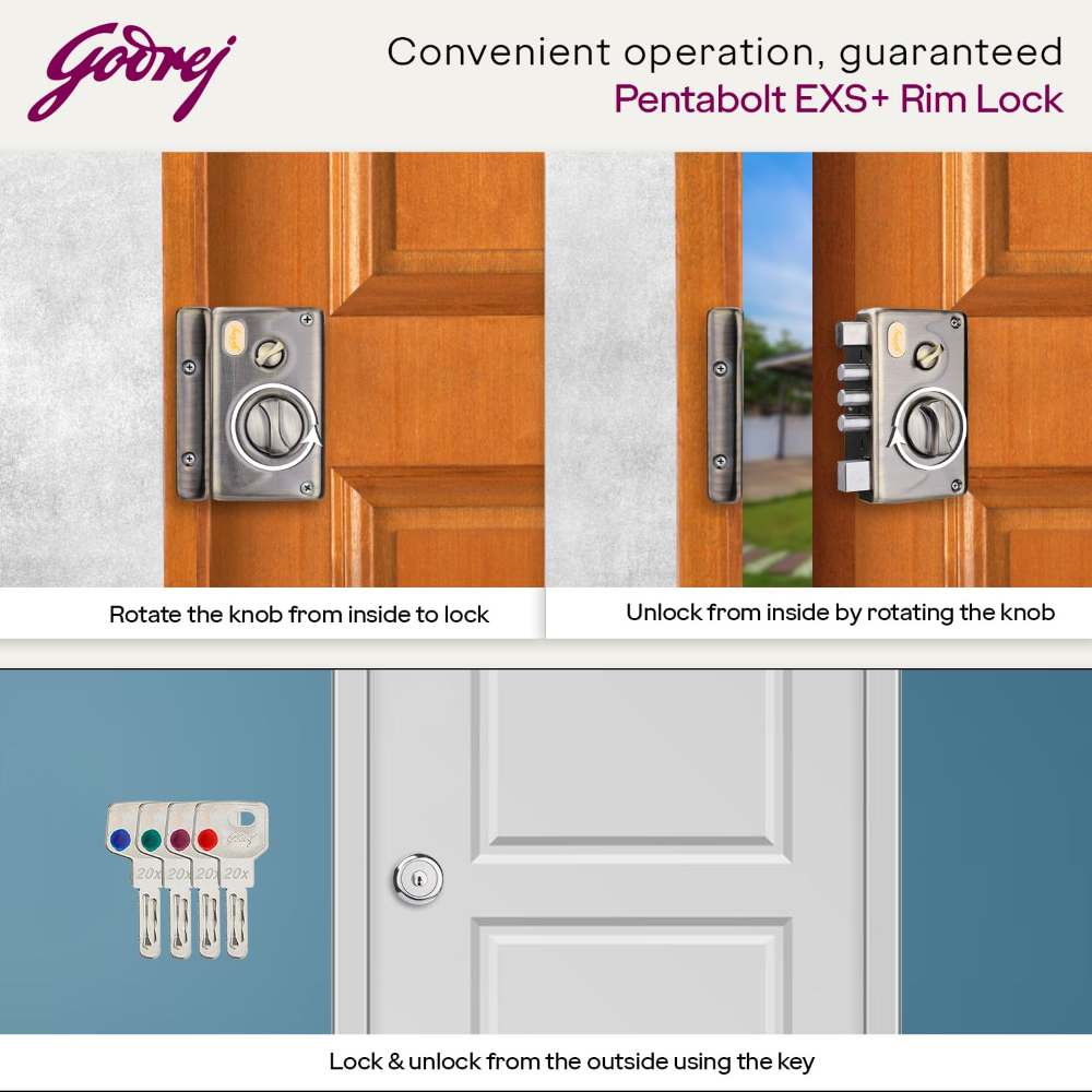 Godrej Rim Lock I Pentabolt EXS Technology I 1CK Deadbolt I For Home Main door I for Outside Opening Door & Left  Right Handed Doors I 4 Keys I 15 Year Warranty I Flawless Finish